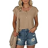 AURUZA Womens Cap Sleeve Tops Summer T Shirt Loose Fit Casual Basic Tee V Neck Tank Top Boho Tops Trendy Fashion Clothes