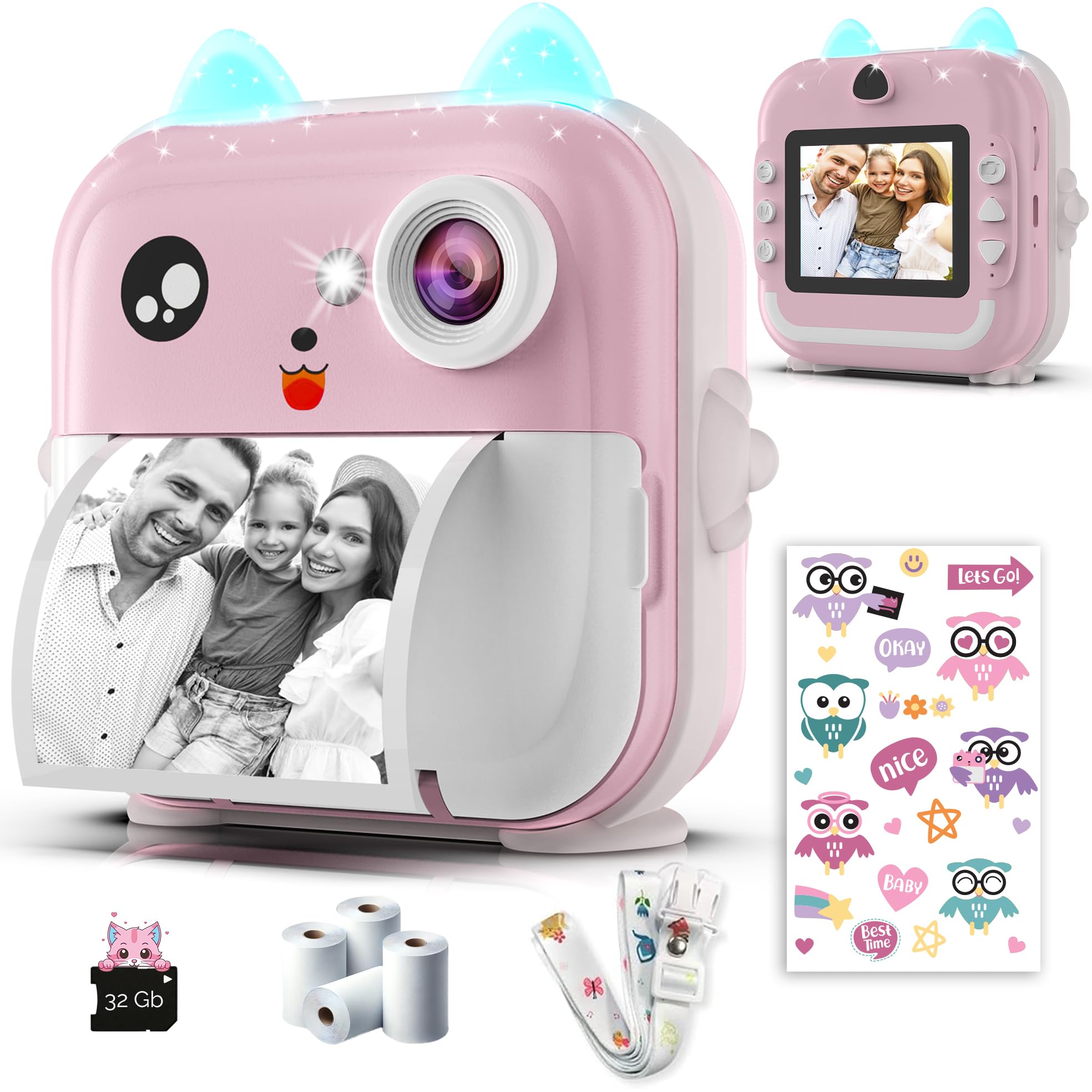 Instant Print Camera for Kids - 1080P HD, 48MP, 32G Card, Bluetooth, Free App, 4 Rolls Print Paper, Stickers, Fun Filters, Boys' and Girls' Gift - Pink Camera for Kids 3-12 yo