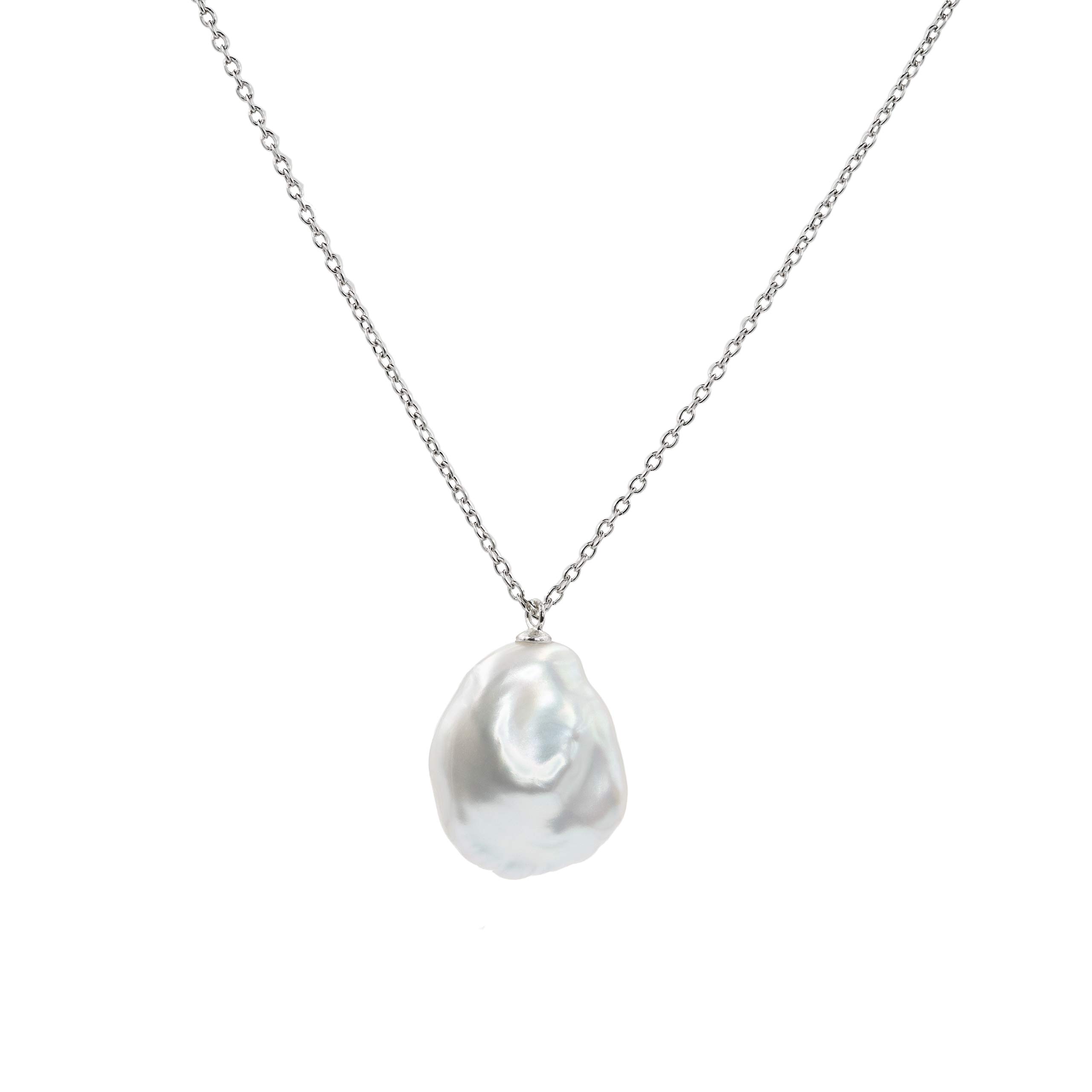 Secret & You Women's Pearl Pendant Necklace Big Freshwater Cultured Pearl Baroque Keshi shape 15-16 mm - 925 Sterling Silver Chain and Pendant Rhodium 38 to 45 cm long. — image 1