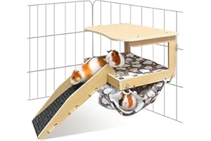 DCIAER Guinea Pig Hideout，Natural Wood Removable Guinea Pig Bed, Small Animal Habitat with Hanging Hammock/Staircase/Cushion, Suitable for Small Animals to Hide, Rest, Play