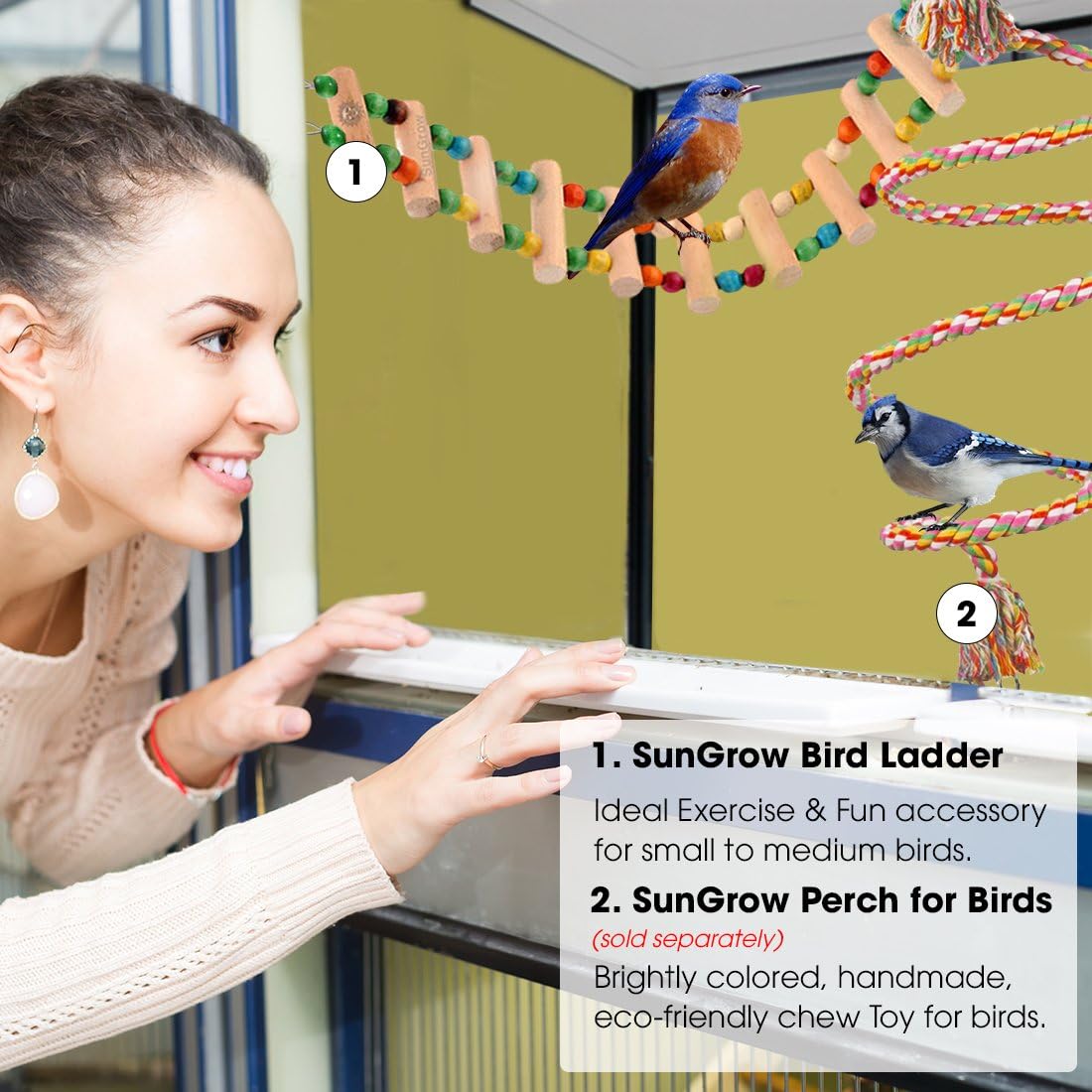 SunGrow Bird Ladder Bridge, 20 Inches Long, Helps Birds with Balance, Made with Raw Wood and Edible Dye, Easy Installation, Bright, Durable and Flexible, Suitable for Small to Medium Birds, 1 Piece : Pet Supplies