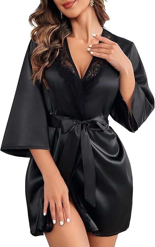 Damen Halbarm Satin Pajama-Kleid, V-Ausschnitt und Spitzenbesatz Nachthemd, Bequemes Eisseiden Pyjama-Nachthemd Mini Kleid Weiche Schlafanzug-Bindesachen, Loungewear (Weiß, L)