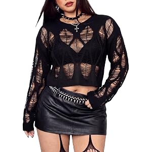 BALINOX Women's Plus Size Distressed Crop Tops Y2k Gothic Hollow Out Crochet Sweater US Size L-4XL
