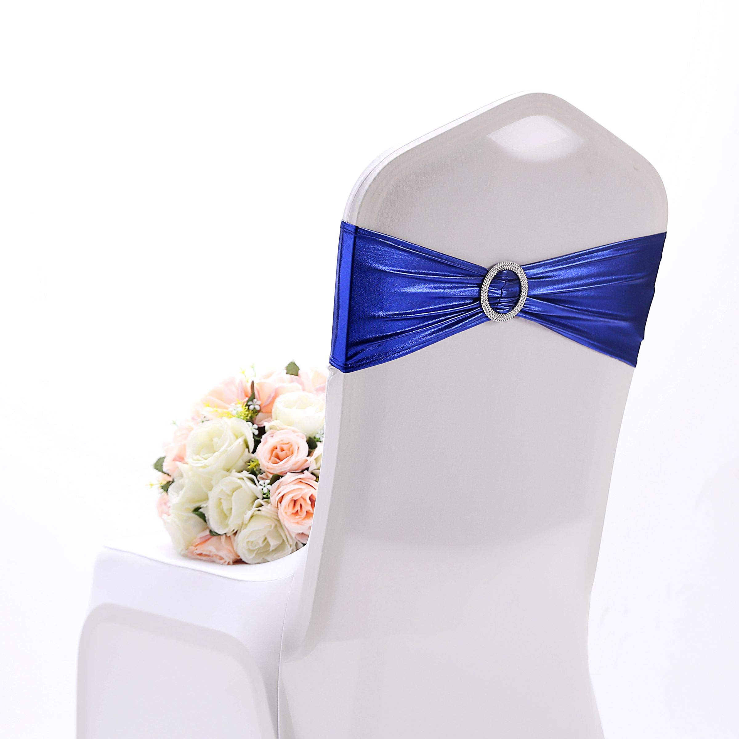 Namvo 10 PCS Stretch Chair Bows Large Occasions Stretch Chair Cover Sashes With Buckle Spandex Elastic Chair Sashes Bands for Wedding Party Hotel Event Decoration(Blue)