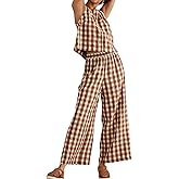 KCVVA Womens 2 Piece Outfits Gingham Set Summer Cotton Plaid Pajamas Y2k Sleeveless Top Summer Wide Leg Pants Matching