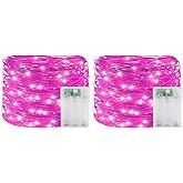 YAOZHOU Valentines Day Decorations Pink Fairy String Lights, Battery Operated with Timer, 2 Pack Total 33FT 100 Led Mini Battery Powered, Mason Jar Waterproof Firefly Christmas Lights DIY Party