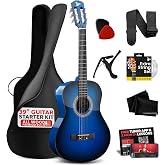 Pyle Beginner Acoustic Guitar Kit, 4/4 Full Size All Wood Build Nylon String Instrument with Capo, Strap, Extra String Set, Gig Bag, Guitars for Beginners Adults Youth, 39" Blue Burst Gloss