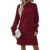 Pink Queen Women's Long Sleeve Sweater Mini Dress Casual Loose Mock Neck Empire Waist Cocktail Party Knit Short Dresses