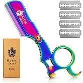 Professional Classic Straight Edge Barber Razor For Close Shaving -Salon Quality Men's Beard Cut Throat Finger Razor Shavette With 10 Shaving Blades By Krisp Shave (Titanium Multi-Color), 4.8 Inch