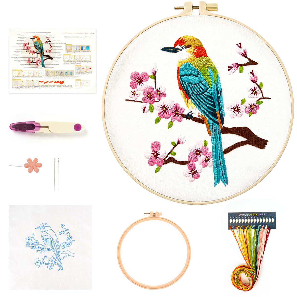 Embroidery Kit for Beginners Adults, Art Craft Embroidery Starter Kit with Flower and Bird Pattern, Printed Stamped Cross Stitch Kits with Colored Threads Needles Embroidery Hoop and Instructions