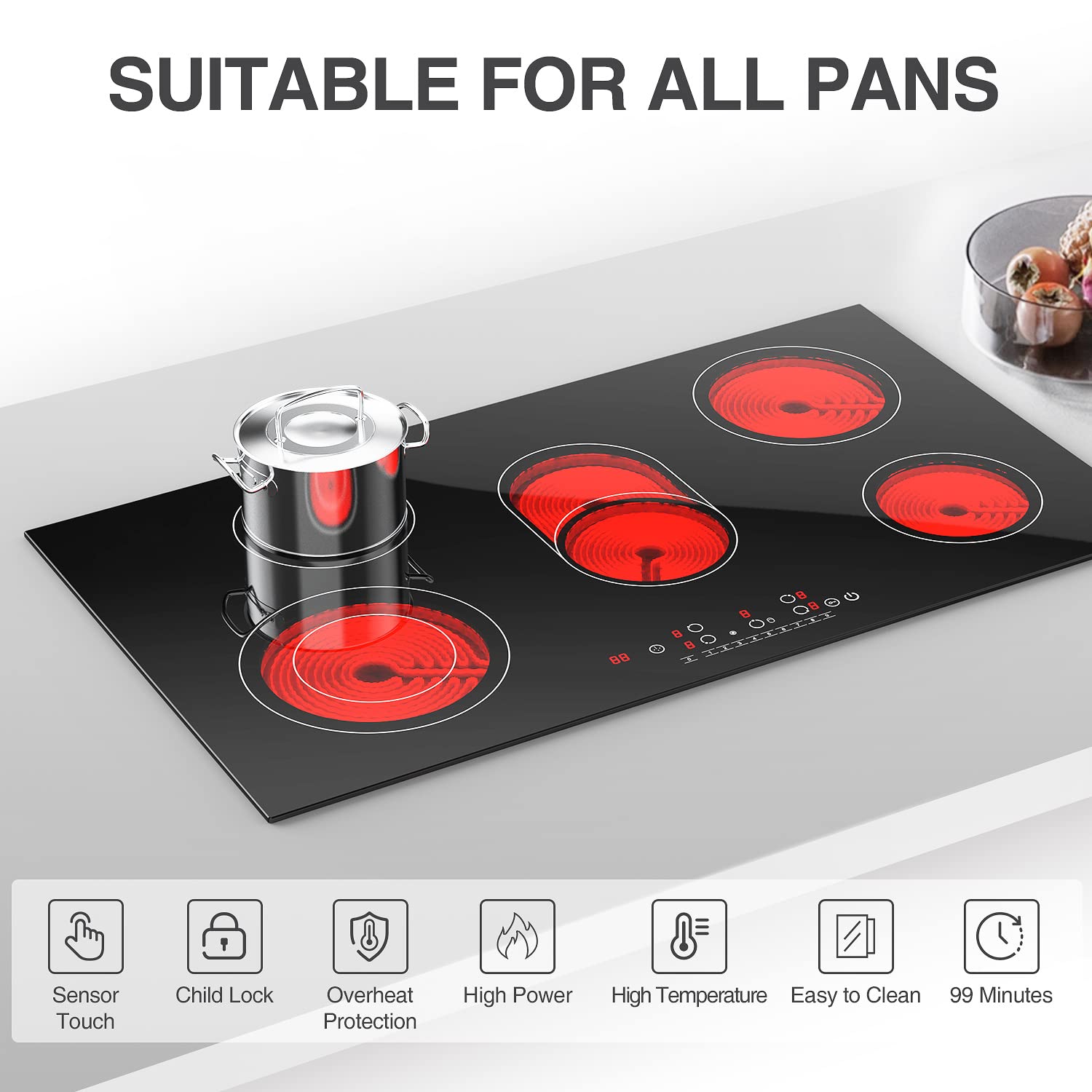 Electric Cooktop 5 Burners 36 Inch, ANHANE Built-in Electric Stove Top, 220V 8600W Electric Ceramic Cooktop, 9 Heating Levels, Timer & Kid Safety Lock, Suitable for all Cookware, Without Plug