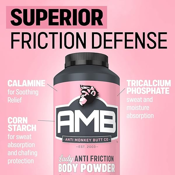 ANTI MONKEY BUTT BODY POWDER FOR WOMEN, TALC FREE ANTI CHAFING AND SWEAT ABSORBING FEMININE POWDER WITH CLAMINE TO FIGHT FRICTION AND SUPPORT SMOOTH SKIN, HYPOALLERGENIC FORMULA, 8 OZ