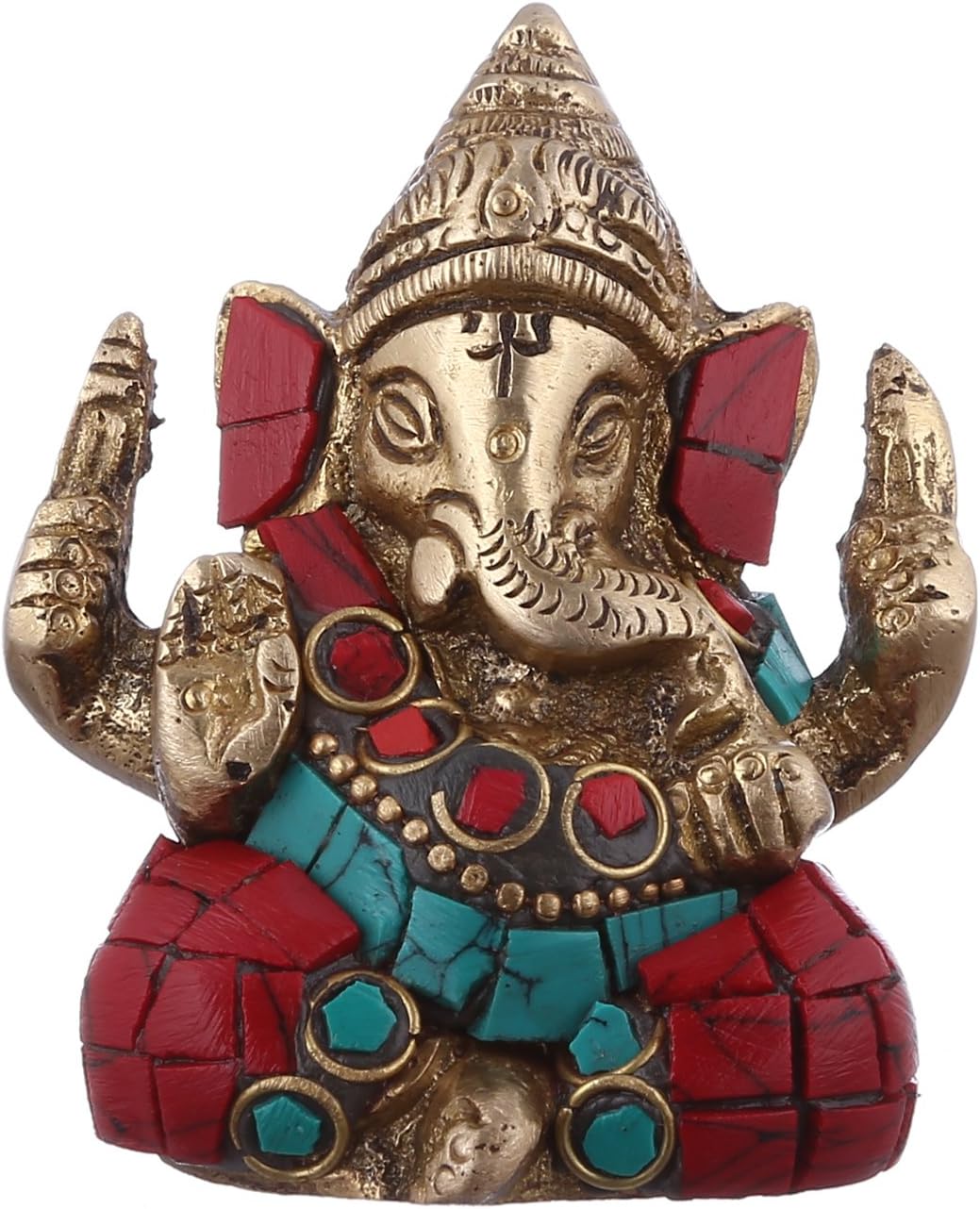 Purpledip Brass Statue Lord Ganesha (Ganapathi or Vinayaka) With Gem-stone Work (10954), Multicolor, Standard