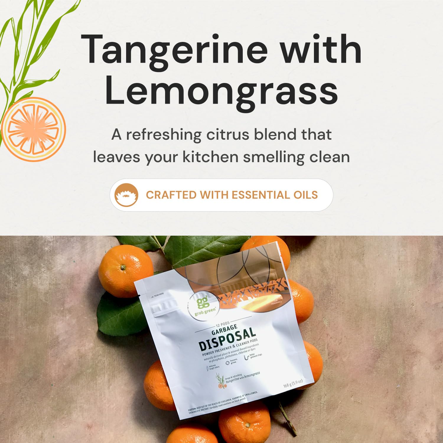 Grab Green Garbage Disposal Freshener and Cleaner Pods, 12 Count, Tangerine with Lemongrass Scent, Plant and Mineral Based, Removes Odors, Loosens Grime, Prevents Clogging