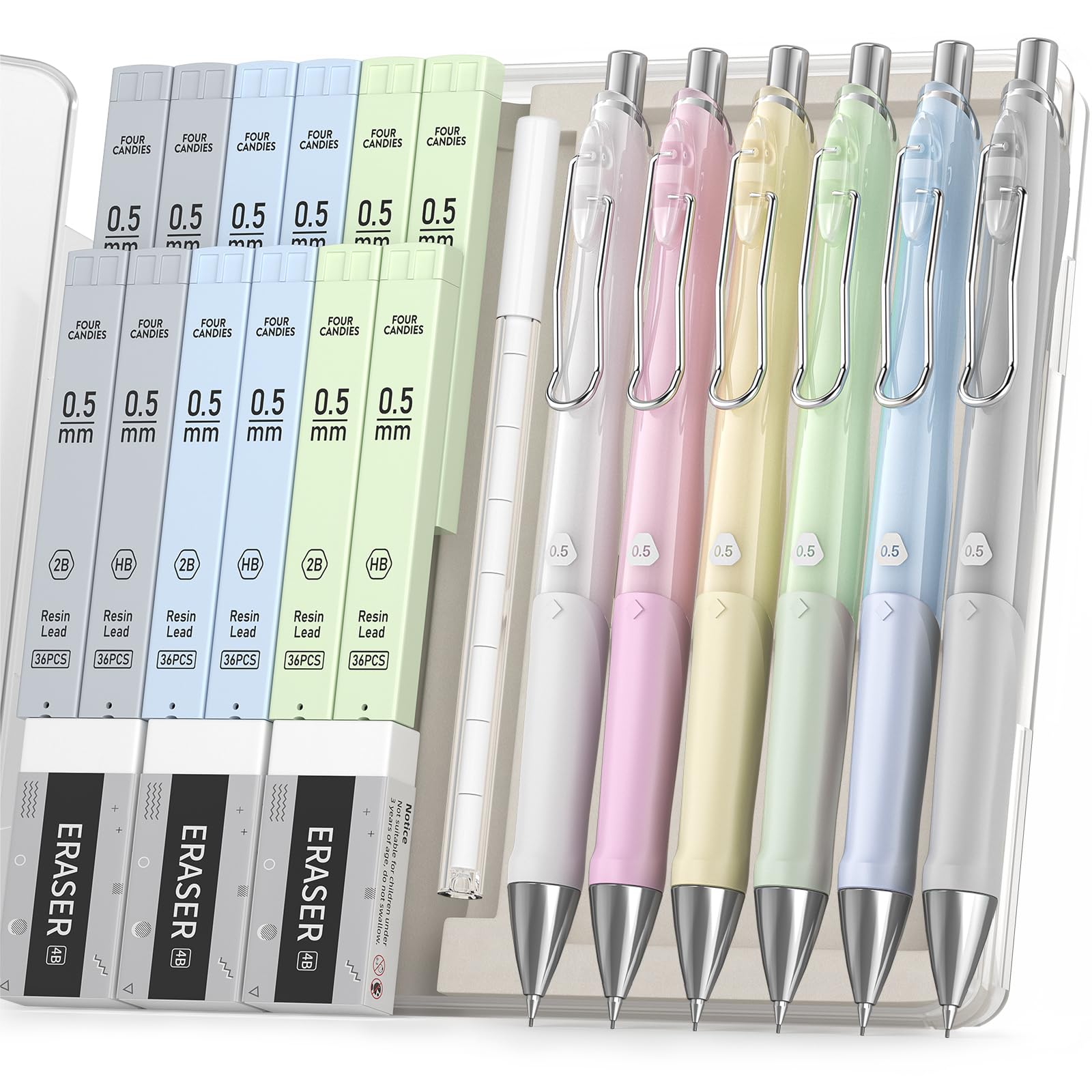 Photo 1 of Four Candies Pastel Mechanical Pencil Set,6PCS 0.5mm Mechanical Pencils with 432PCS 0.5mm HB/2B Leads, 3PCS Erasers, 9PCS Eraser Refills,School Supplies for Writing, Drawing & Sketching