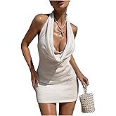 Floerns Women's Swimsuit Coverup Crochet Halter Backless Cowl Neck Beach Mini Dresses