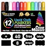 Cedar Markers Liquid Chalk Markers - 12 Pack With Free 40 Chalkboard Labels - Amazing Neon Color Pens Including Gold And Silver Ink. Reversible Bullet And Chisel Tip And A Brand New Revolutionary Cap.
