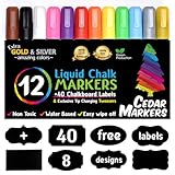 Cedar Markers Liquid Chalk Markers - 12 Pack With Free 40 Chalkboard Labels - Amazing Neon Color Pens Including Gold And Silver Ink. Reversible Bullet And Chisel Tip And A Brand New Revolutionary Cap.