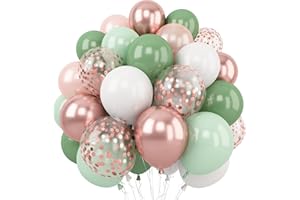 TOGVU Sage Green and Rose Gold Balloons, 12 Inch Avocado Green Metallic Rose Gold Confetti Balloons, Retro Green White Balloons for Birthday Wedding Baby Shower Jungle Safari Party Decoration