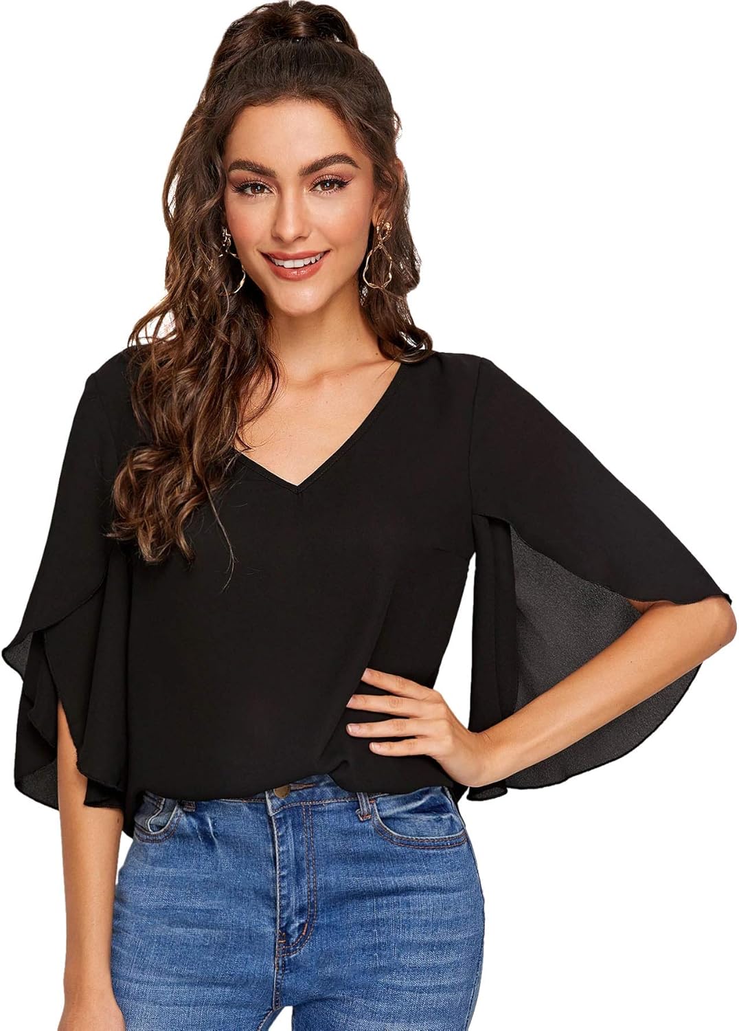 Floerns Women's V Neck Half Ruffle Sleeve Blouse Elegant Chiffon