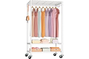 FUTASSI P6 Rolling Clothes Rack Heavy Duty, Clothing Racks for Hanging Clothes, Freestanding Garment Rack with Wheels, Portable Closet Rack Max Load 380 LBS, 35.5'' W x 14'' D x 74.6'' H, White