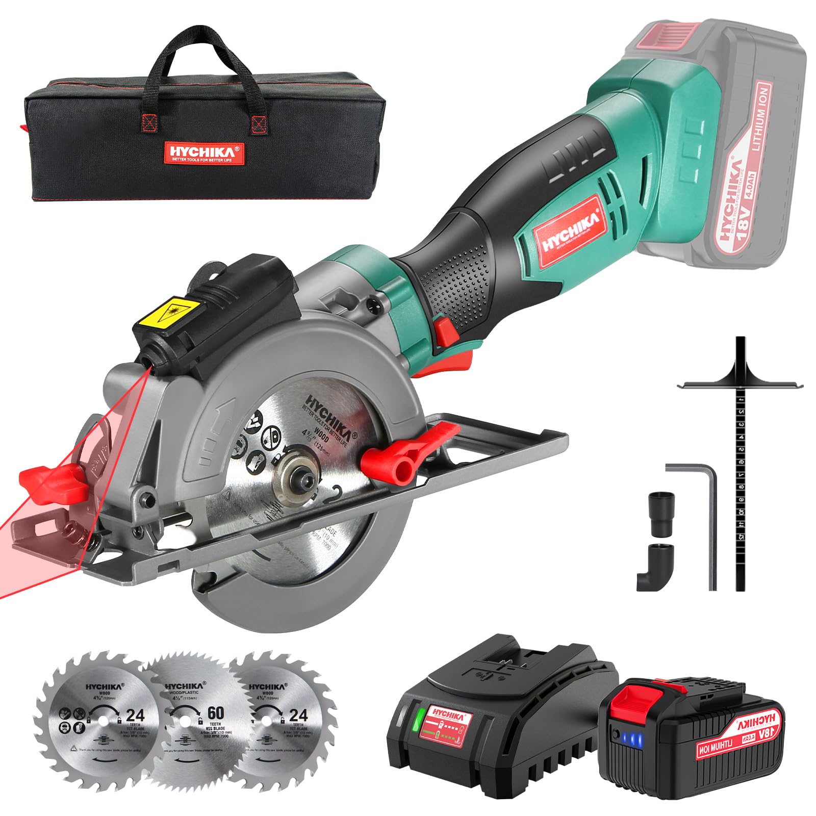Photo 1 of HYCHIKA Cordless Circular Saw, 18V Mini Circular Saw with 4.0Ah Battery, 3 Blades(4-1/2",4-9/10"), 3500RPM Max Cuting Depth:90°(48mm)/45°(32mm), Compact Circular Saw for Wood, Plastic and Soft Metal