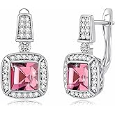EVEVIC Square Austrian Crystal Earrings Halo Leverback Drop 14k White Gold Plated Earrings for Women Hypoallergenic Jewelry Gift