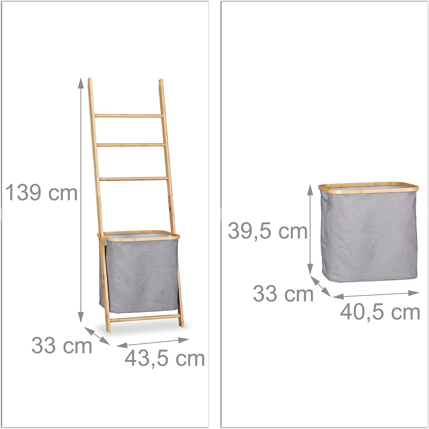 Relaxdays Bamboo Towel Rack with Basket, Freestanding Wooden Laundry Hamper, HWD: 139x43.5x33cm, Natural, Grey, 139 x 43.5 x 33 cm - Image 5