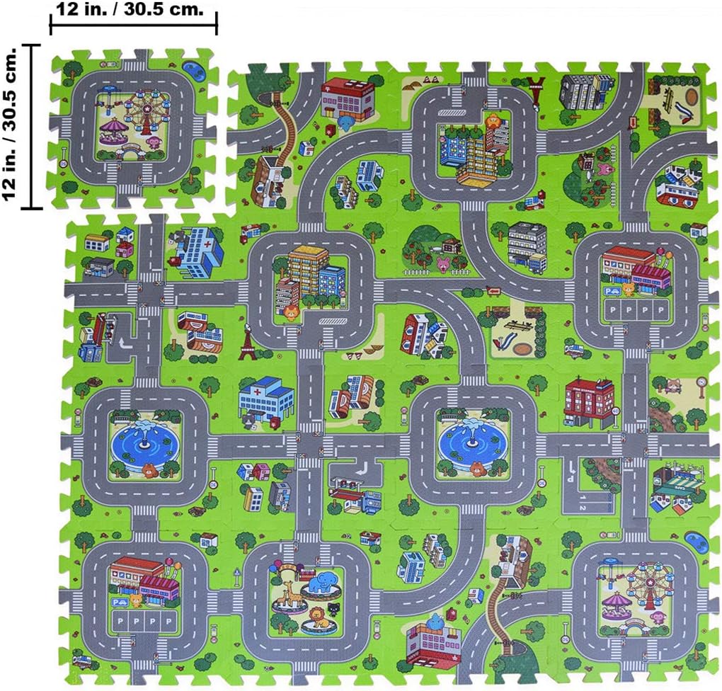 Exultimate Play Mat Road Toy Foam Playmat Interlocking Floor Puzzle Road Playroom Mat Interactive Play Set (18 Piece Set Zoo): Toys & Games