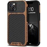 TENDLIN Compatible with iPhone 13 Case Wood Grain with Carbon Fiber Texture Design Leather Hybrid Case Compatible for iPhone 13 6.1-inch Released in 2021 Black