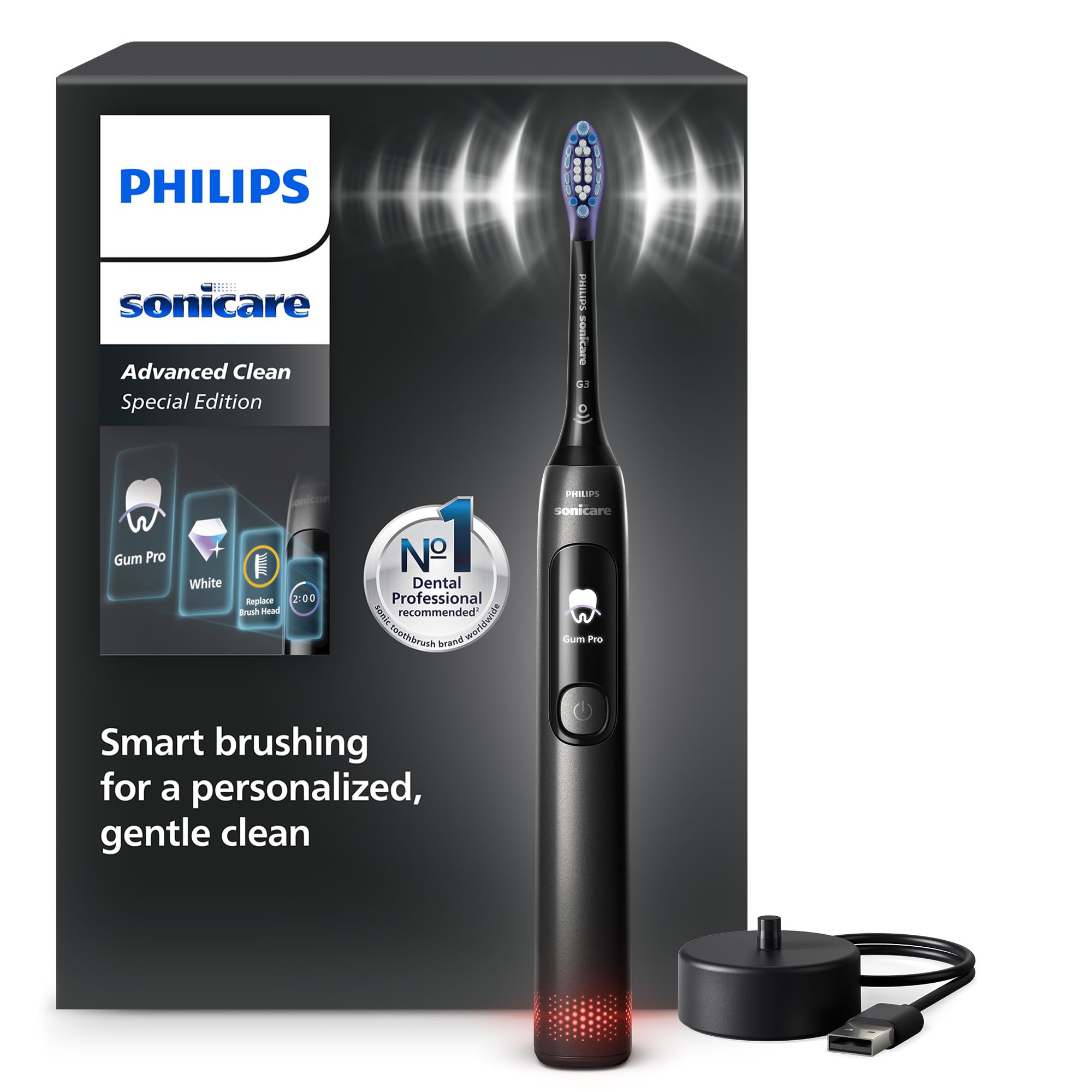 Philips Sonicare AdvancedClean Limited Edition, Spazzolino elettrico - schermo smart, sensore di pressione, promemoria sostituzione testina, 5 modalità di spazzolamento e SmarTimer, nero, HX3792/11