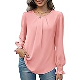 Funlingo Womens Tops Dressy Casual Smocked Long Sleeve Shirts Crew Neck Loose Chiffon Tunics Office Work Blouses