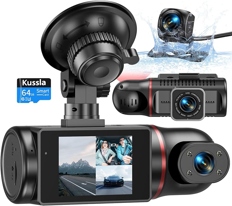 Kussla 3 Channel Dash Cam Front Inside Rear 1080P 64GB Night Vision G-Sensor