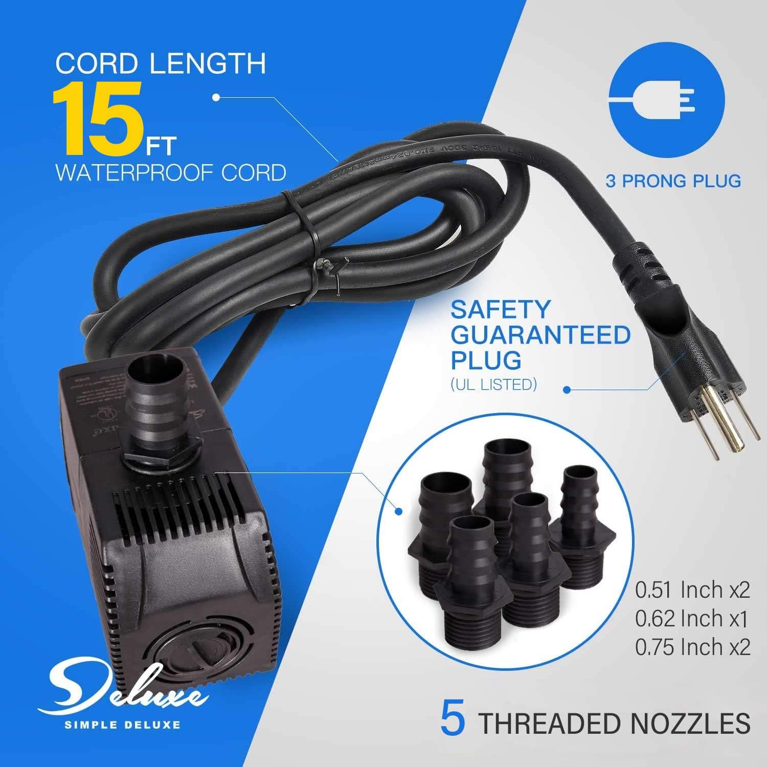 Simple Deluxe LGPUMP400G 400 GPH UL Listed Submersible 15' Cord Water Pump for Fish Tank, Hydroponics, Aquaponics, Fountains, Ponds, Statuary, Aquariums & Inline, black: Home Improvement