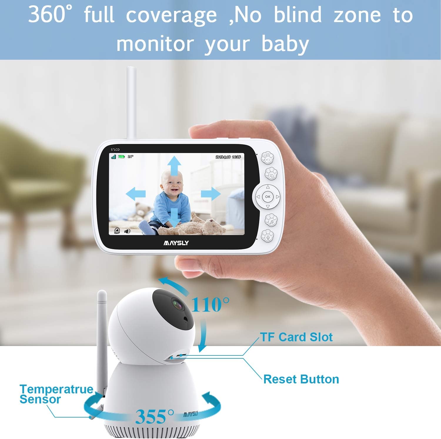 Video Baby Monitor with Camera and Audio , Maysly 1080P 5" LCD Screen with Night Vision Two Way Audio Temperature Detection VOX Mode 1000ft Range Support Video Storage and Playback: Home Improvement