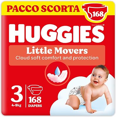Little Movers, 168 Pannolini Taglia 3 (4-9 Kg), Pacco Scorta