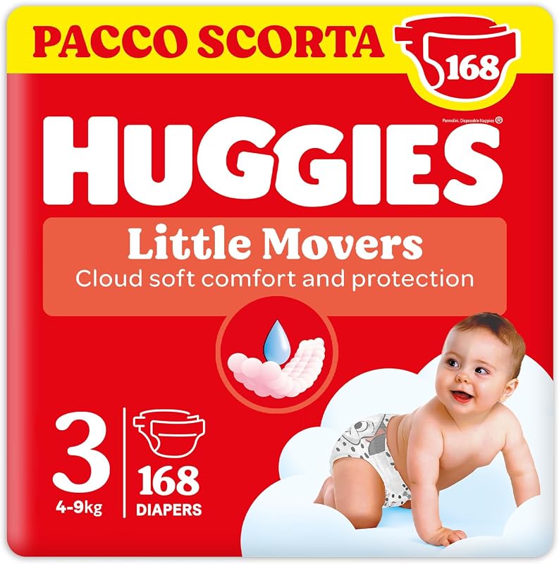 Little Movers, 168 Pannolini Taglia 3 (4-9 Kg), Pacco Scorta