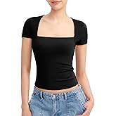 PUMIEY Women's Short Sleeve T Shirts Square Neck Going Out Tops Slim Fit Basic Tee Smoke Cloud Pro Collection