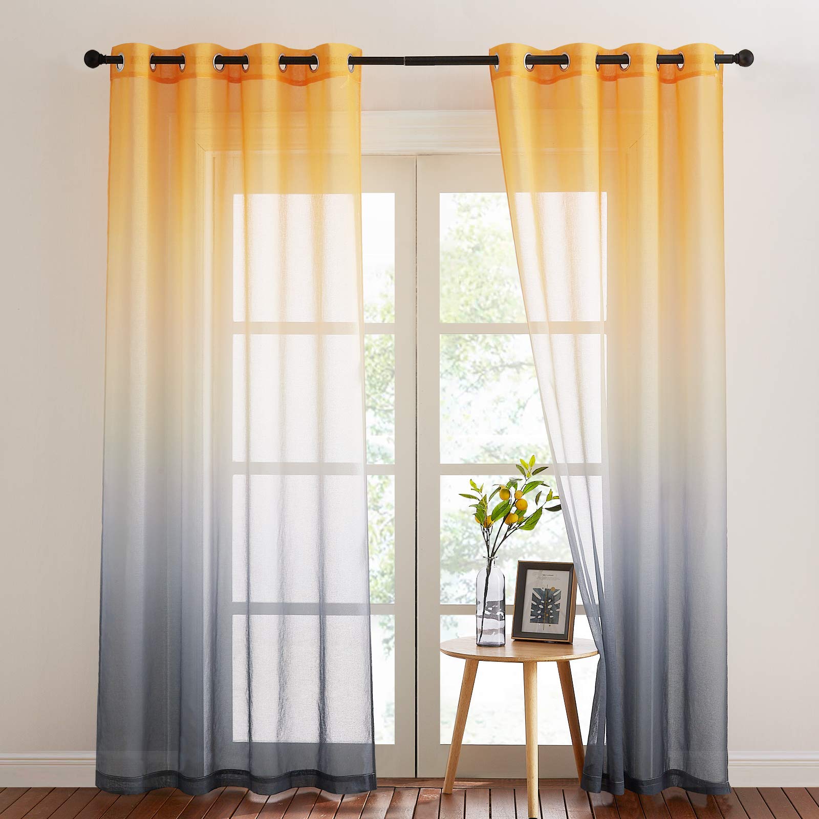 NICETOWN Semi-Transparent Eyelet Curtain Set of 2 Colour Gradient Curtains for Living Room Decorative Voile Curtain with Eyelets Window Scarves, H 260 x W 140 cm, Yellow + Grey — image 1