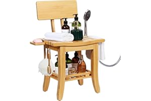 Ollieroo Two-Tier Bamboo Shower Chair for Inside Shower, Waterproof Baby Bath Seat with Storage Shelf, Soap Dish and Shower Head Holder, Shower Stool for Seniors Adults Disabled Pregnant(Natual)
