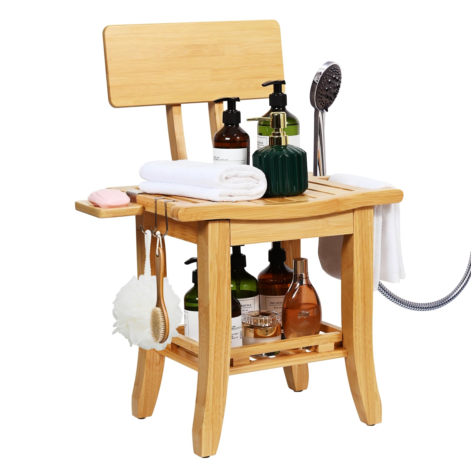 Photo 1 of Ollieroo Two-Tier Bamboo Shower Chair for Inside Shower, Waterproof Baby Bath Seat with Storage Shelf, Soap Dish and Shower Head Holder, Shower Stool for Seniors Adults Disabled Pregnant(Natual)
