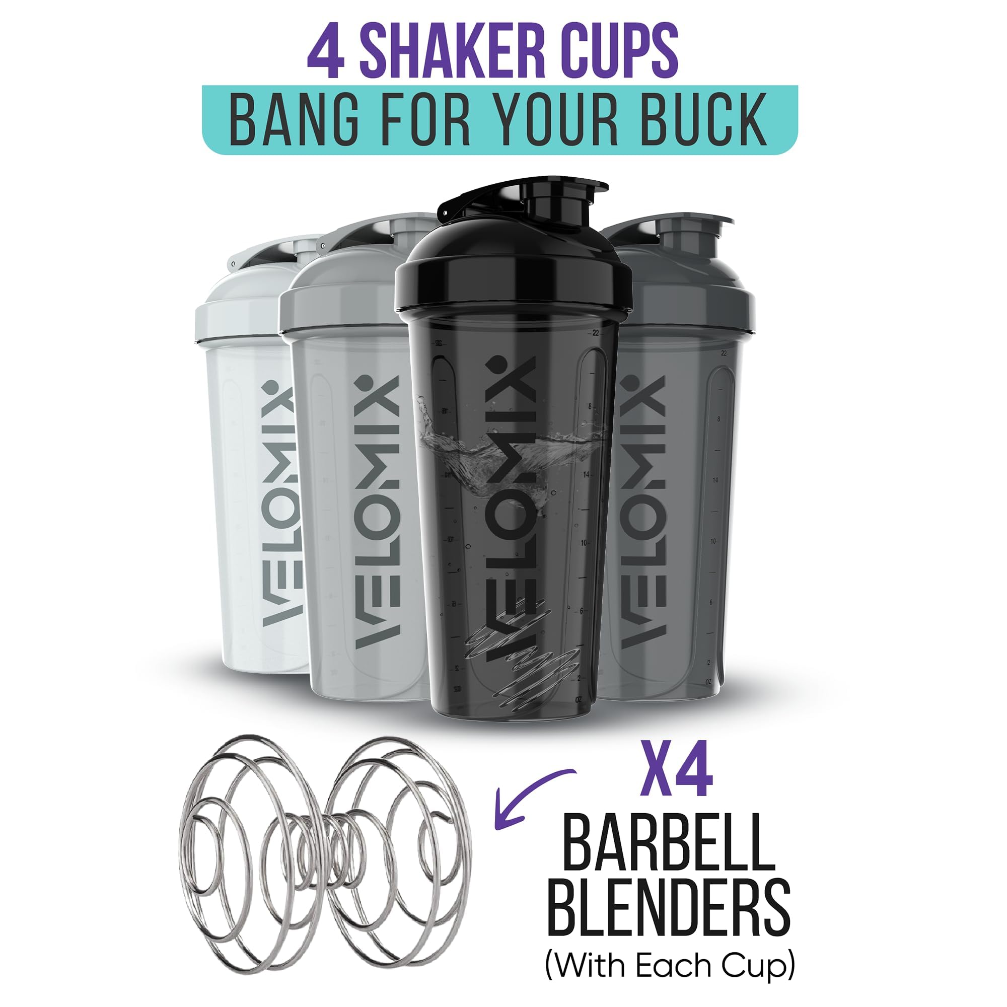 VELOMIX -4 Pack- 28 oz Protein Shaker Bottles for Protein Mixes - 4x Wire Whisk | Leak Proof Shaker Cups for Protein Shakes | Protein Shaker Bottle Pack (Silver Mix)