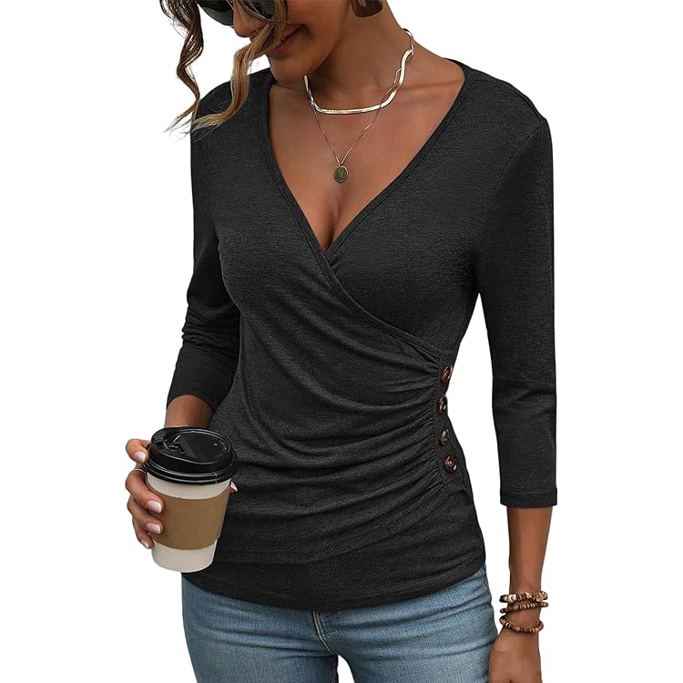J&GCOUTURE 2324 Women's Deep V Neck 3/4 Sleeve Cross