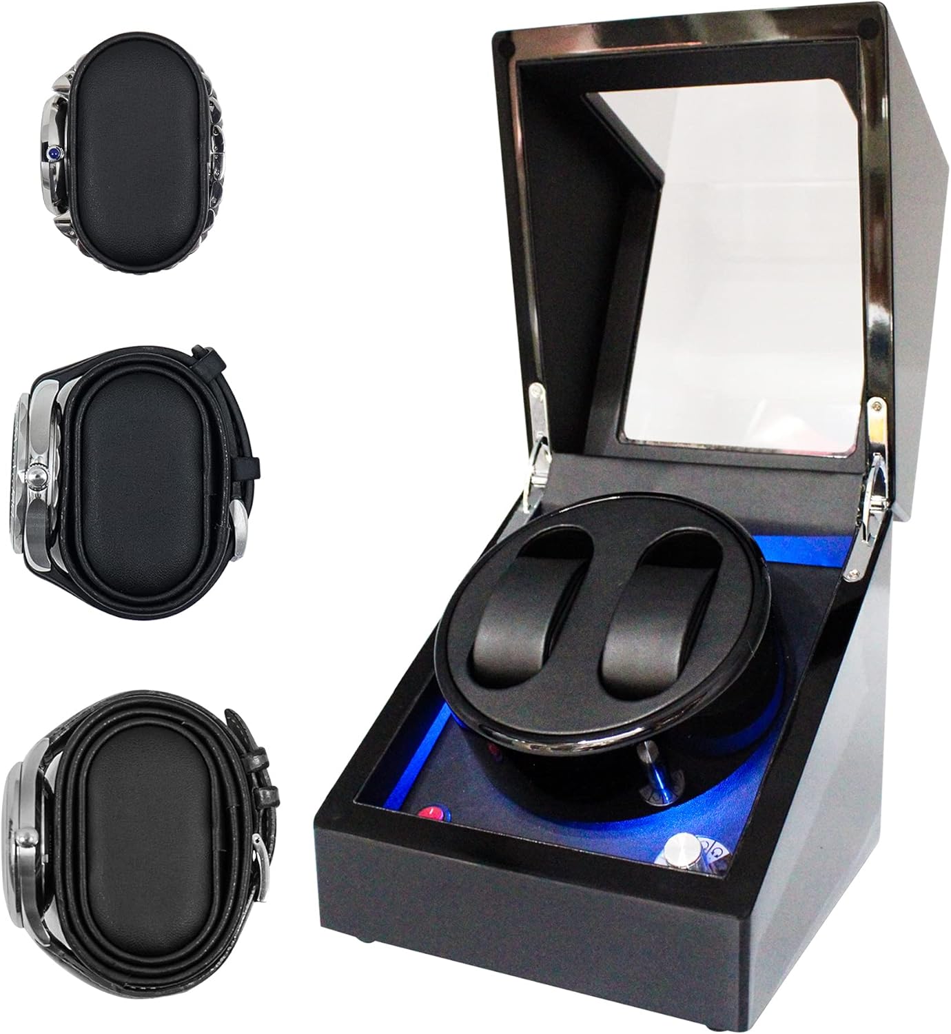 ORYX Double Watch Winders for Automatic Watches Box, Watch Rotator for 3 Sizes Watches with LED Light, Rotating Watch Case, Watch Shaker, Ac or Battery Powered Super Quiet Mabuchi Motor(Black+Black): Watches