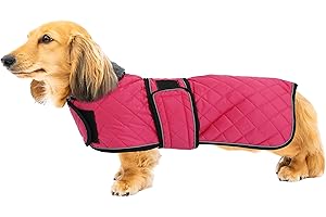 GEYECETE Warm Thermal Quilted Dachshund Coat, Dog Winter Coat with Warm Fleece Lining, Outdoor Dog Apparel with Adjustable Bands for Medium, Large Dog-Pink-S