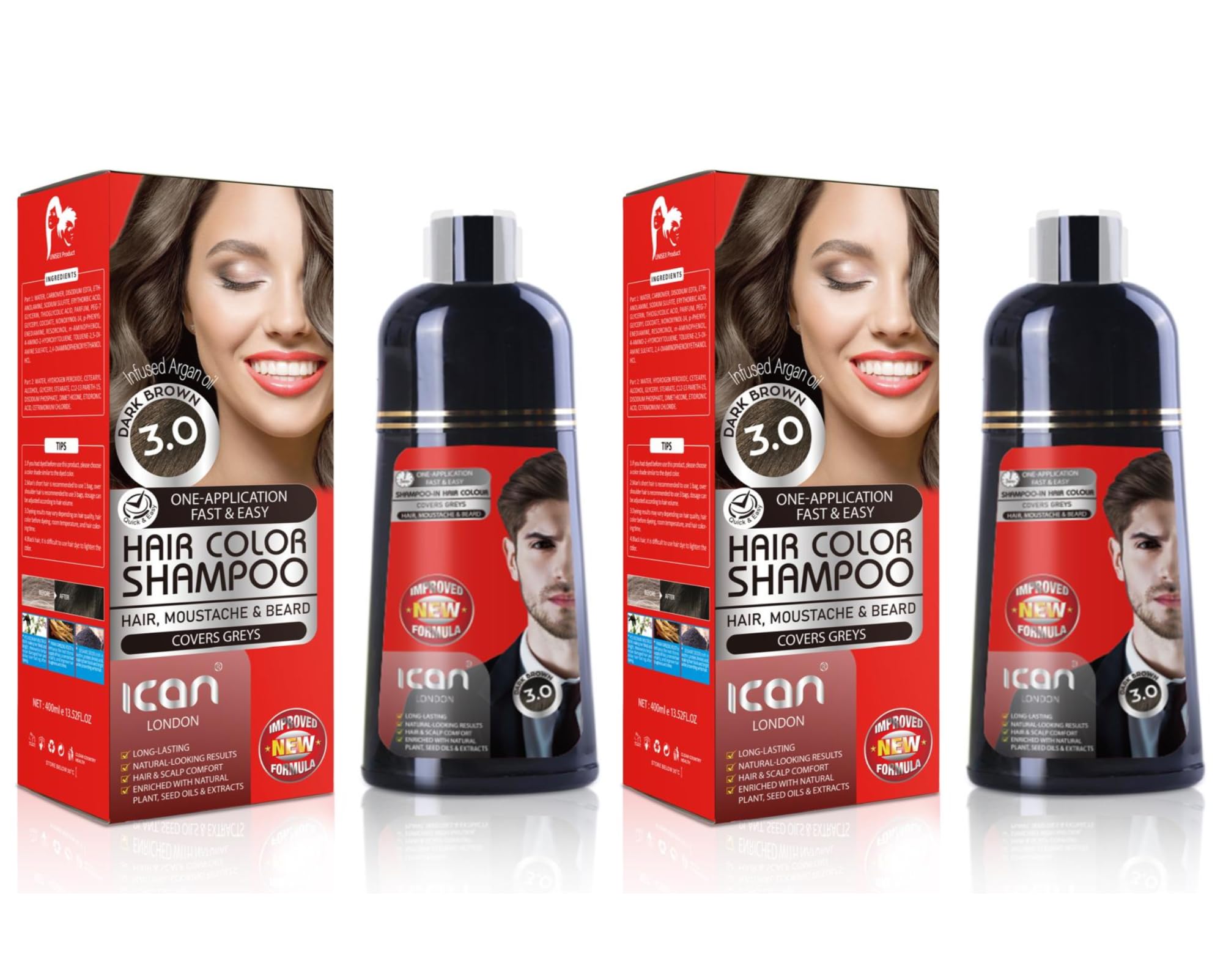 Hair Color Shampoo Dark Brown 3.0 100% Gray Coverage 2 x 400ML