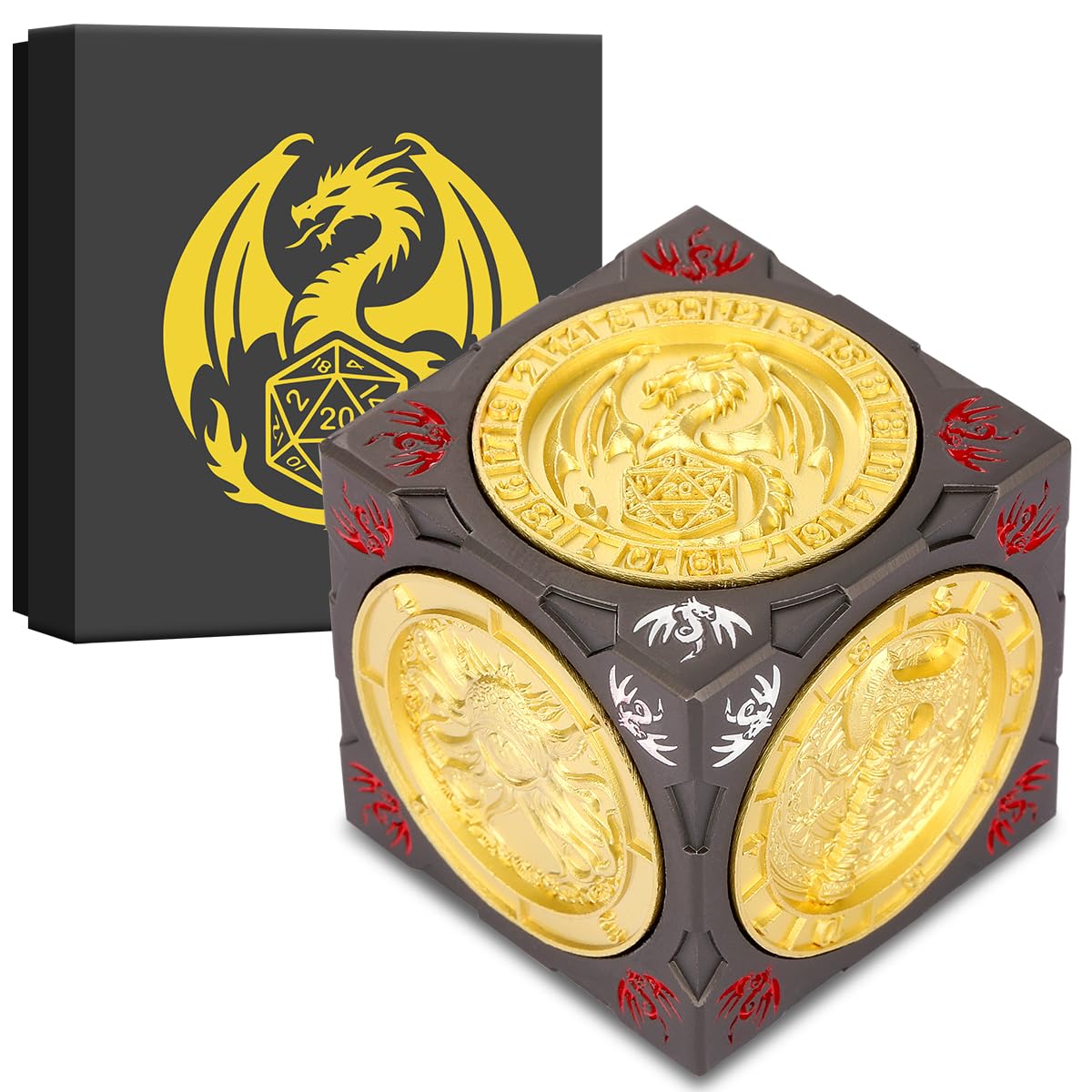 New DND Spinner Dice, 7-in-1 Metal Dice Set, 3D Relief Design, DND Polyhedral Rotating Game Dice, D&D Gifts with Dragon Logo Gift Box, Role Play Board Game Accessories, Dark Grey & Gold