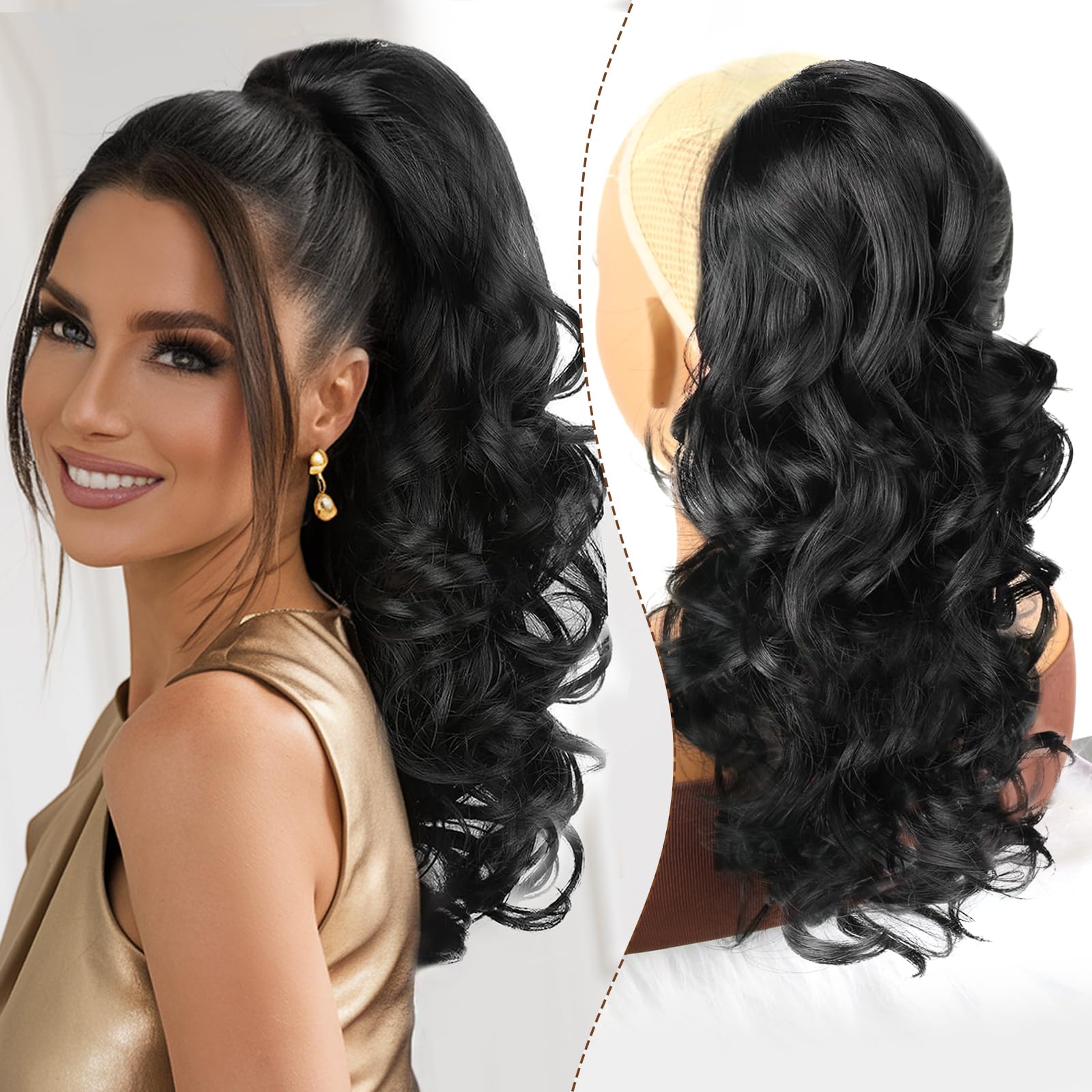 Photo 1 of Mayouda Ponytail Extension,18 Inch Long Wavy Curly Drawstring Ponytail Hair Extension for Women Clip in High Hairpiece Fake Pony Tails Hair Synthetic Extensions, Natural Black