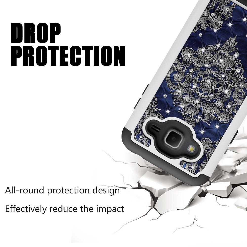 J3 Case, MagicSky [Shock Absorption] Studded Rhinestone Bling Hybrid Dual Layer Armor Defender Cover For Samsung Galaxy J3 (2016) -Flower
