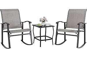 Shintenchi 3 Piece Rocking Bistro Set, Outdoor Furniture with Rocker Chairs and Glass Coffee Table Balcony, Porch Furniture for Small Space, Gray